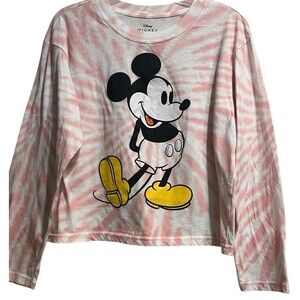 Disney Mickey Mouse Women's XL Cropped Long Sleeve Top Tie Dye Pink/White